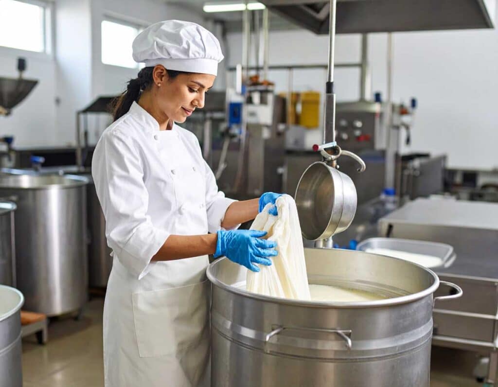 chef pouring a large pot of stock through cheesecloth