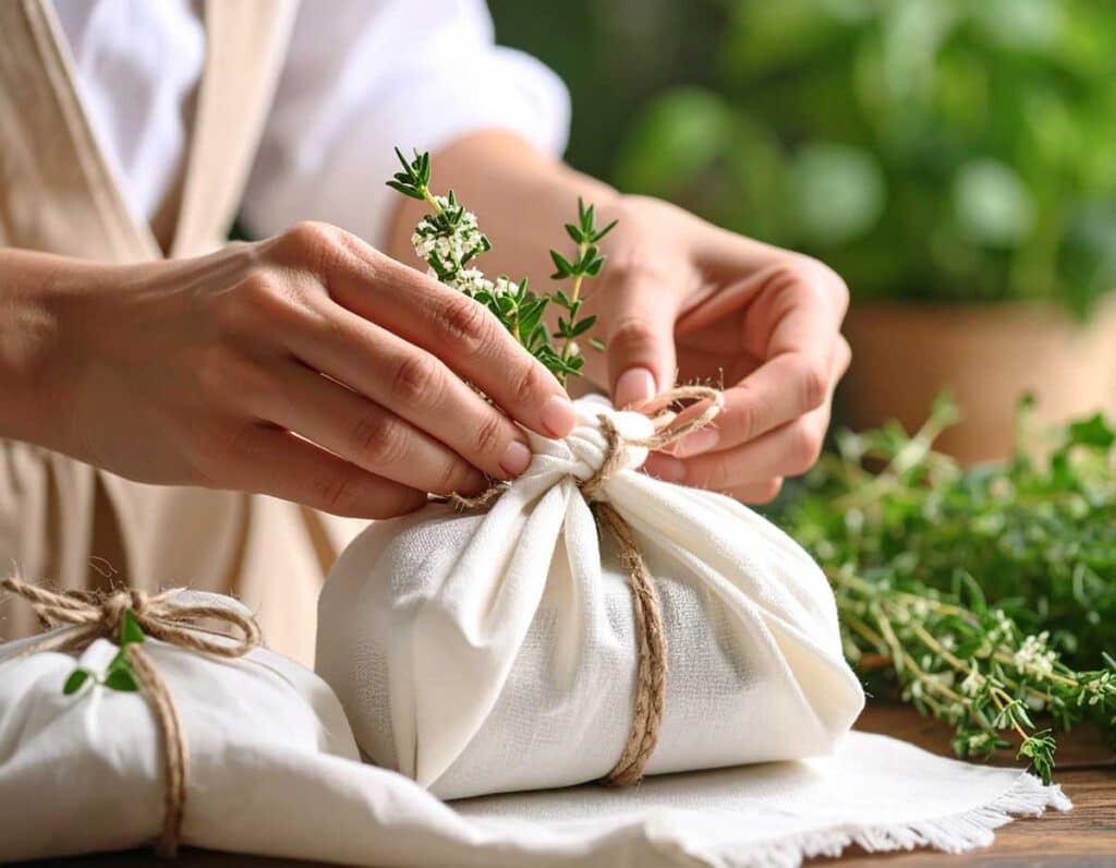 a close up of a hand tying a small bundle of herbs in cheesecloth