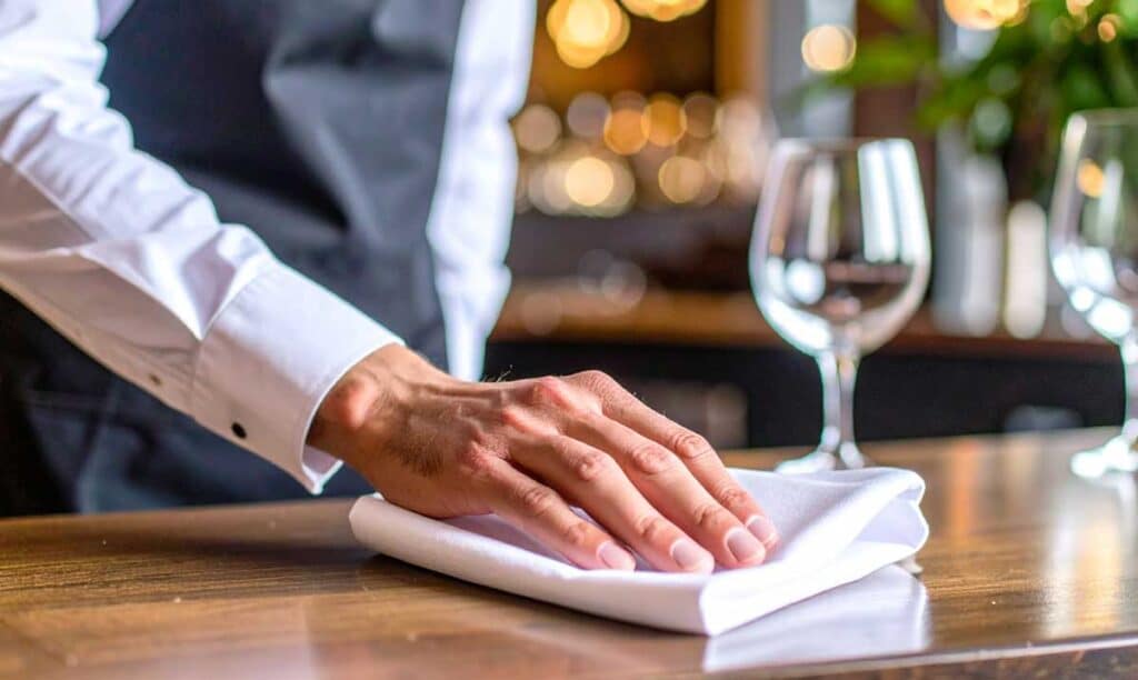 person cleaning counter with a piece of white cheesecloth in bulk